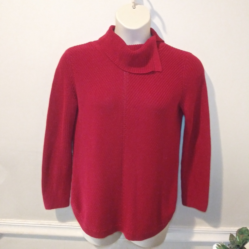 LAST CHANCE-Talbots Red Split Cowl Neck, Ribbed Tunic Length Sweater